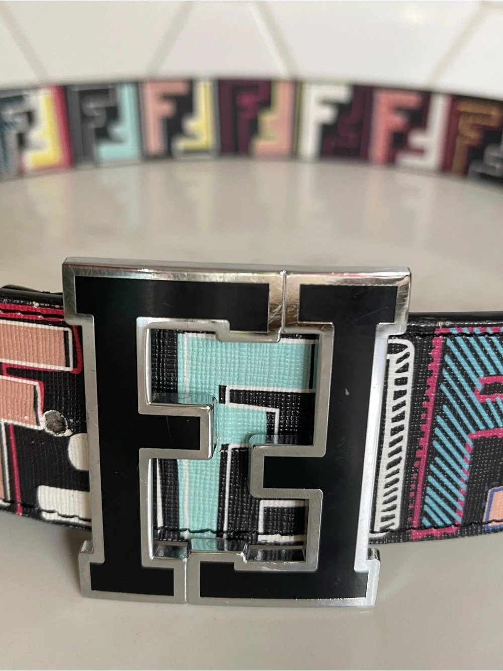 Fendi Black Leather Belt with Multicolor FF Logo and Silver Double F Buckle